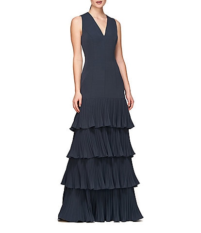 Kay Unger Angelique Stretch Crepe V-Neck Sleeveless Pleated Tiered Gown