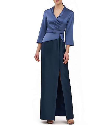 Kay Unger Annabeth V-neck 3/4 sleeve Belted Two Tone Stretch Mikado Column Gown