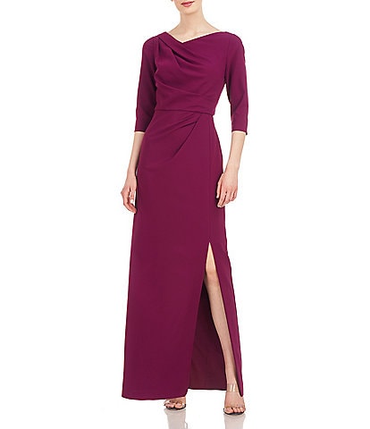 Kay Unger Asymmetrical Neck Front Slit Pleated Bodice Gown