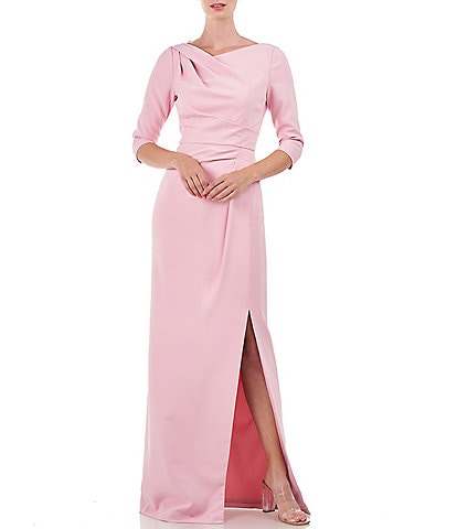 Kay Unger Asymmetrical Neck Front Slit Pleated Bodice Gown