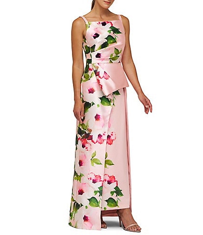 Kay Unger Barbara Wild Rose Mikado Bateau Neck Asymmetrical Draped Overlay Skirt Column Gown