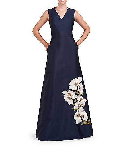 Kay Unger Beaded Floral Print Mikado V-Neck Sleeveless Pocketed A-Line Gown