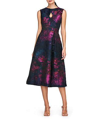 Kay Unger Beckett Floral Jacquard Keyhole Neck Sleeveless Pleated Midi Dress