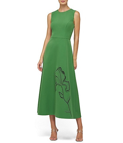 Kay Unger Blossom Stretch Crepe Crew Neck Embellished Midi A-Line Dress