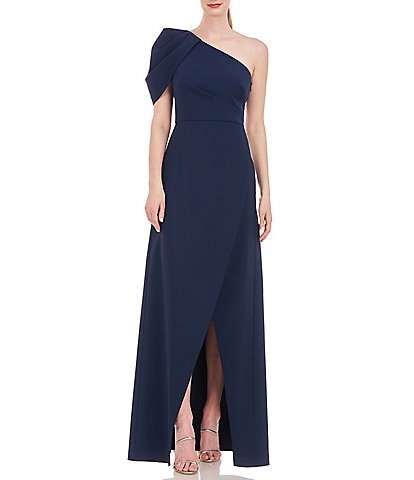 Kay Unger Briana Stretch Crepe Asymmetrical Neck Short Drape Puff Sleeve Tulip Side Slit Gown