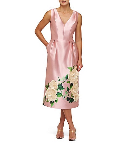 Kay Unger Briella V-Neck Sleeveless 3D Floral Applique Mikado Midi Dress