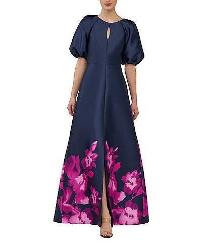 Kay Unger Delfina Floral Boarder Mikado Round Keyhole Neck Elbow Puff Sleeve Gown