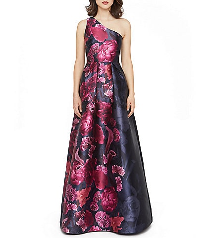 Kay Unger Dianna Autumn Bouqet One Shoulder Mikado A-Line Gown