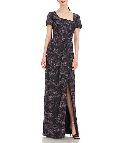Kay Unger Embroidered Jacquard Asymmetrical Square Neckline Short Sleeve Gown
