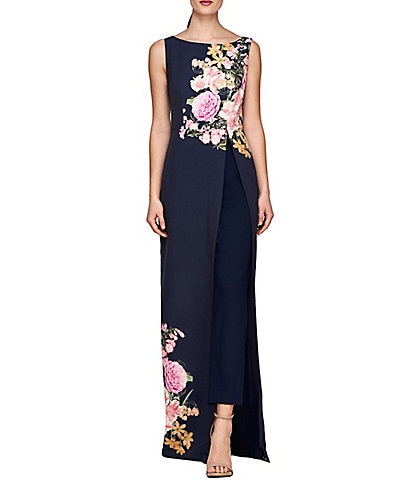 Kay Unger Esti Stretch Crepe Floral Placement Boat Neck Sleeveless Straight Leg Walk Through Gown