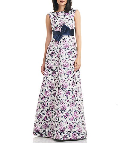 Kay Unger Floral Print Boat Neck Sleeveless Waist Bow Ball Gown
