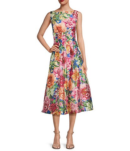 Kay Unger Floral Boat Neckline Sleeveless A-Line Tea Length Dress
