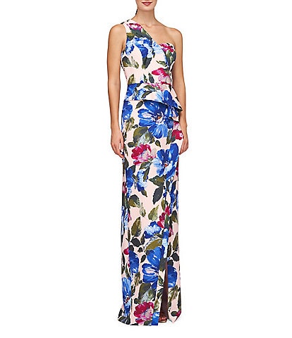 Kay Unger Floral Crepe One Shoulder Sleeveless Gown