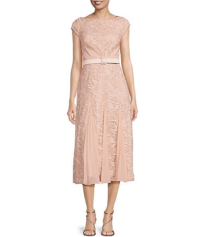 Kay Unger Floral Lace Boat Neck Cap Sleeve Belted Chiffon Pleated A-Line Dress