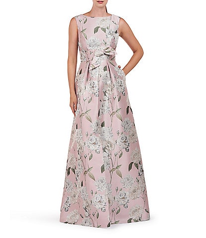 Kay Unger Floral Metallic Jacquard Boat Neckline Sleeveless Bow Front Ball Gown