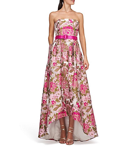 Kay Unger Floral Metallic Organza Jacquard Strapless Sleeveless Belted High Low Gown