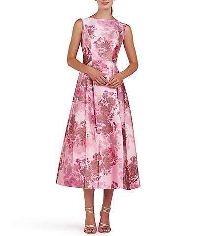 Kay Unger Floral Mikado Boat Neckline Sleeveless Fit and Flare Dress