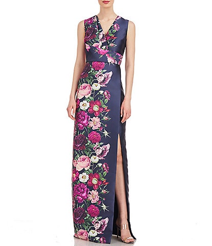 Kay Unger Floral Mikado V-Neck Sleeveless Side Slit Gown