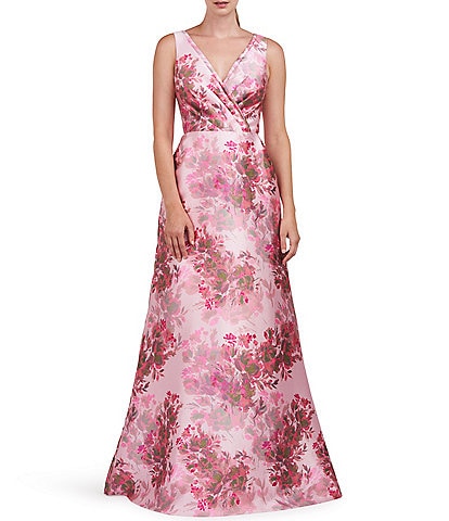 Kay Unger Floral Mikado V-Neckline Sleeveless Pleated Bodice Ball Gown