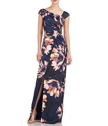 Kay Unger Floral Print Asymmetrical Neck Cap Sleeve Ruched Bodice Gown