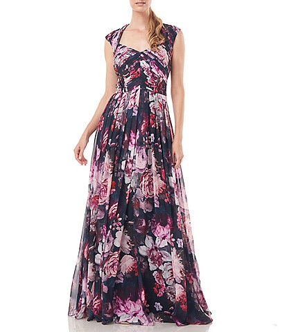 Kay Unger Floral Print Chiffon Sweetheart Square Neck Cap Sleeve Pleated Pintuck Gown