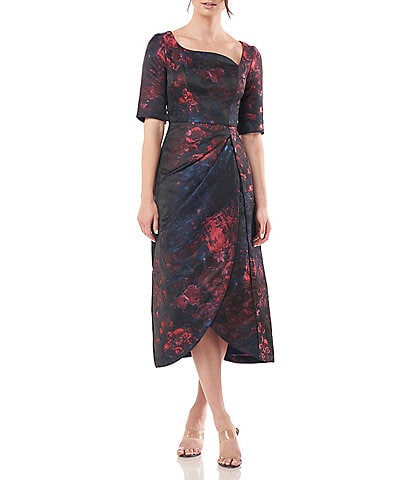 Kay Unger Floral Print Jacquard Square Asymmetrical Neck Short Sleeve Side Ruched Tulip Hem Midi Dress