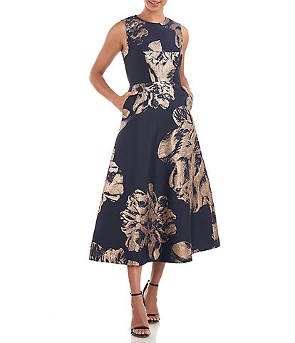 Kay Unger Floral Print Jewel Neck Sleeveless Fit and Flare Tea Length Dress
