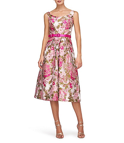 Kay Unger Floral Print Metallic Organza Jacquard Scoop Neck Sleeveless Belted Dress