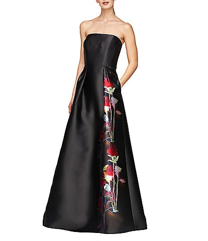 Kay Unger Floral Print Mikado Strapless Neck Sleeveless Column Skirt Ball Gown