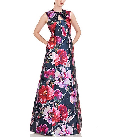 Kay Unger Floral Print Pleated Crew Neck Cut-Out Sleeveless A-Line Gown