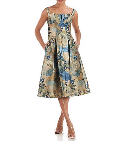Kay Unger Floral Print Sleeveless Square Neck Pleated A-Line Dress