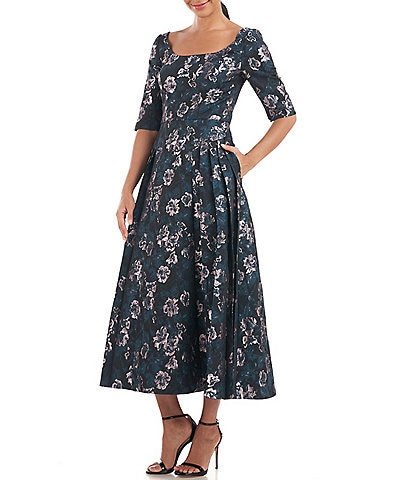 Kay Unger Floral Print Square Neck 3/4 Sleeve Pleated Dress
