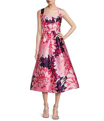 Kay Unger Floral Print Square Neck Pleated Bodice Fit and Flare Dress