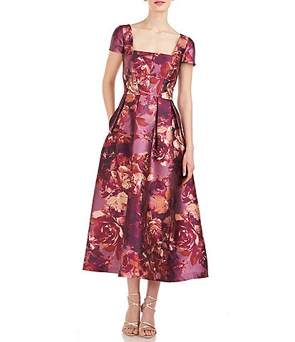 Kay Unger Floral Print Square Neck Short Sleeve Pleated A-Line Dress