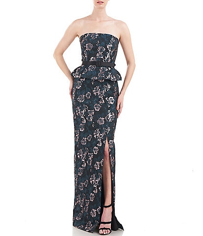 Kay Unger Floral Print Strapless Front Slit Peplum Gown