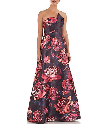 Kay Unger Floral Print Strapless Sleeveless Flared Pocketed Ballgown
