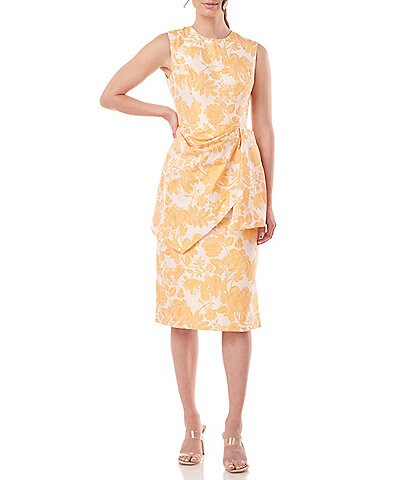 Kay Unger Floral Print Two Toned Sleeveless Jewel Neck Jacquard Midi Dress