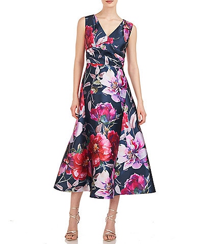 Kay Unger Floral Print Pleated Crew Neck Sleeveless Belted A-Line Dress