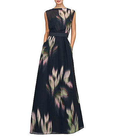 Kay Unger Floral Printed Chiffon Boat Neck Sleeveless Keyhole Back Side Pocket Gown