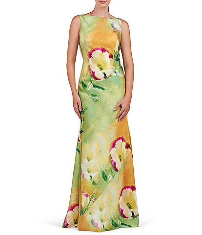 Kay Unger Floral Printed Stretch Charmeuse Boat Neck Cowl Back Gown