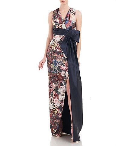 Kay Unger Floral Sleeveless Surplice V-Neck Asymmetrical Bow Empire Waist Tulip Dress
