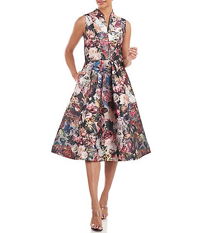 Kay Unger Floral Sleeveless V-Neck Pleated Fit and Flare Midi Dress