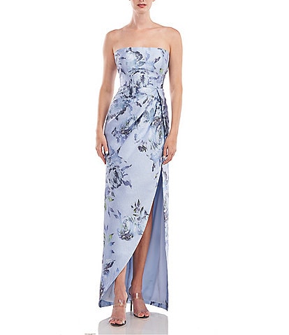 Kay Unger Floral Strapless Sleeveless Pleated Bodice and Slit Gown