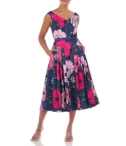 Kay Unger Floral V Neckline Sleeveless Fit and Flare Midi Dress