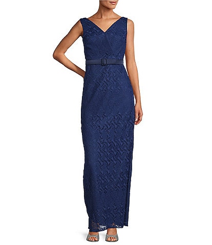 Kay Unger Geometric Lace Surplice V-Neckline Sleeveless Belted Gown
