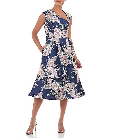 Kay Unger Jacquard Floral Asymmetrical Neck Cascading Ruffle Midi Dress