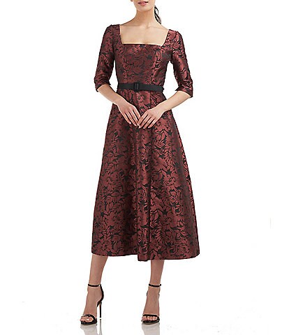 Kay Unger Jacquard Floral Print Square Neck Side Pocketed 3/4 Sleeve Belted A-line Dress