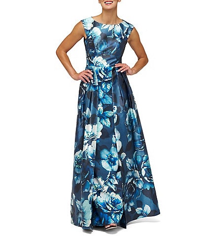 Kay Unger Kate Round Neck Sleeveless Floral Print Mikado Aline Gown