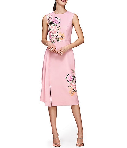 Kay Unger Mabel Stretch Crepe Floral Placement Crew Neck Sleeveless Side Ruffle Midi Dress