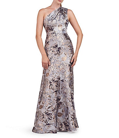 Kay Unger Metallic Floral Jacquard One Shoulder Sleeveless Gown